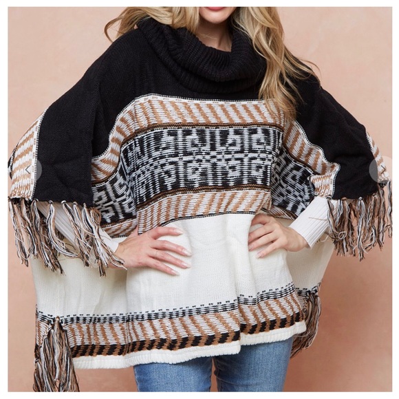 Cowl Neck Sweater Black/Camel/Ivory Isle Poncho with Fringes - Picture 4 of 5